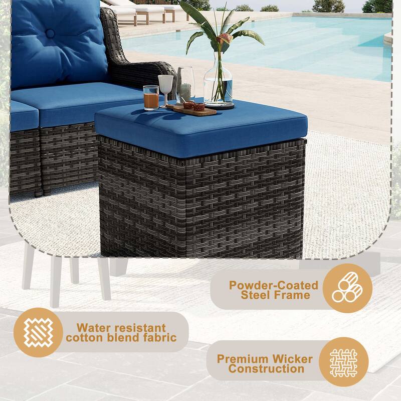 Outdoor 17.7" W Square Rattan Ottoman Patio Ottoman with Seat Cushion