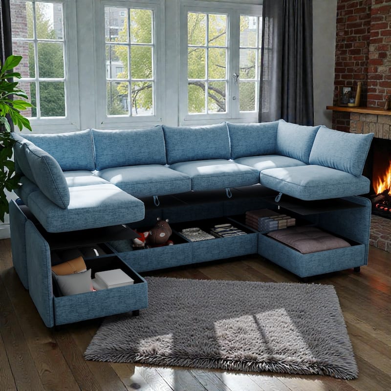 Modular Sectional Sofa with Storage, 8-Seat Convertible Sleeper Sofa Set, Chenille Flexible Modular Combination