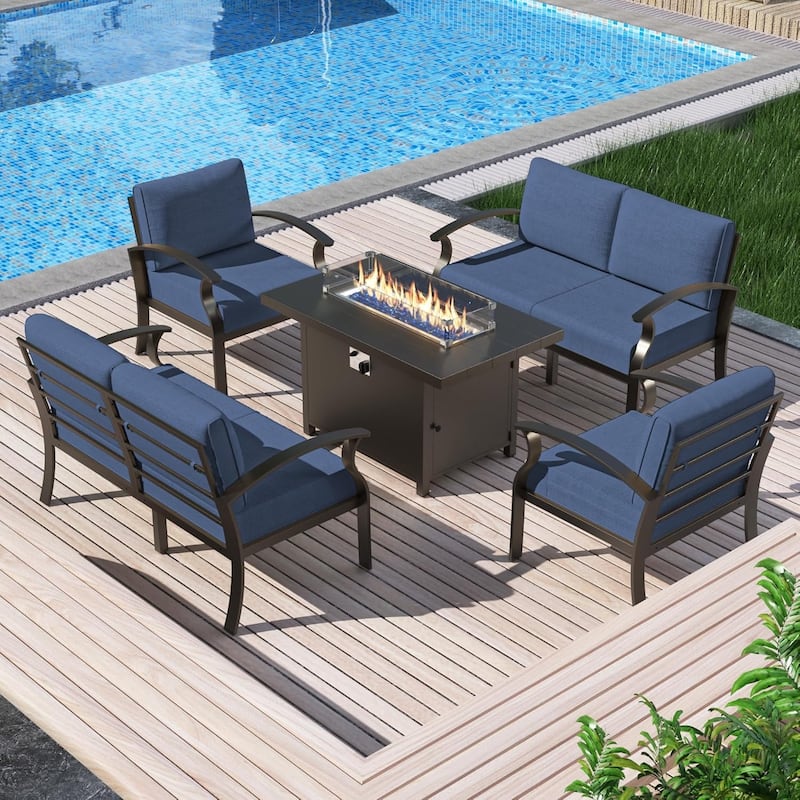 Aluminum Patio Furniture Set with FirePit Ottomans Swivel Chairs,Sectional Sofa with Thick Seat Cushions for Porch Garden - 6-Seats - Navy Blue