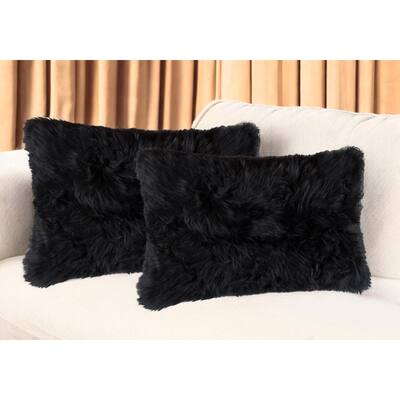 Set of Two 12" X 20" Black Sheepskin Lumbar Throw Pillows