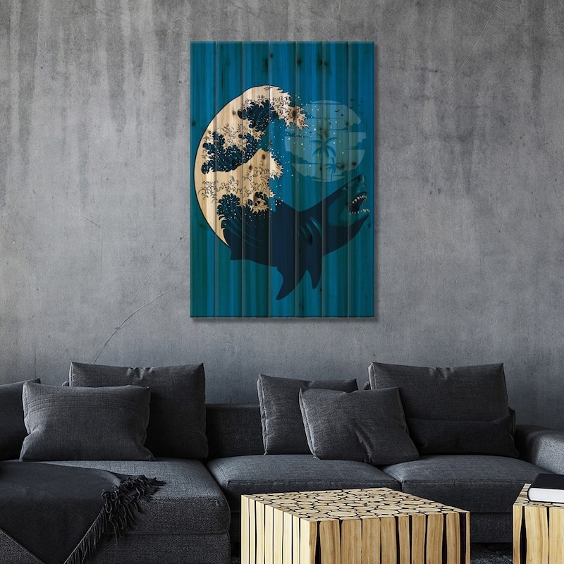 Shark Wave Print On Wood by Alberto Perez - Multi-Color