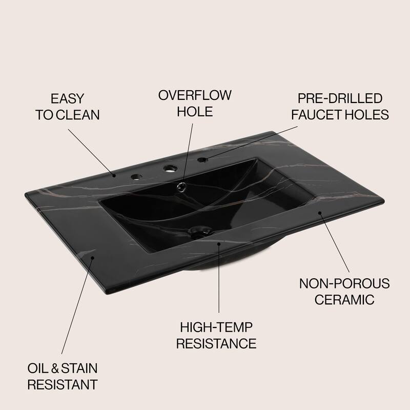 Aubert 3-Hole Classic Contemporary Rectangular Ceramic Single Sink Basin Vanity Top, by JONATHAN Y