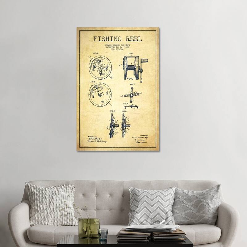 iCanvas "Fishing Reel Vintage Patent Blueprint" by Aged Pixel Canvas Print - 48x32x1.5