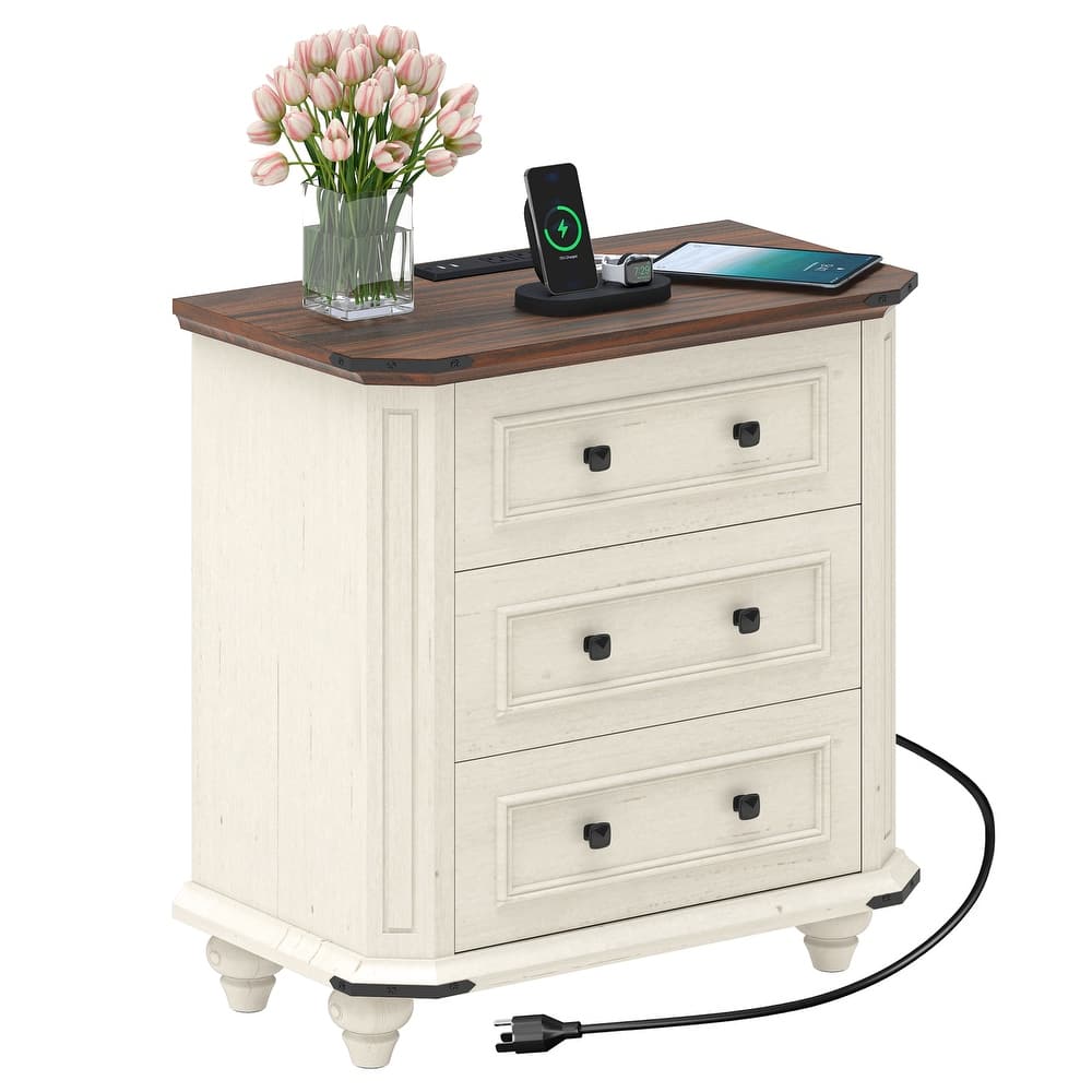Moasis 3 Drawer Farmhouse Nightstand with USB Ports and Outlets , Bedside Table & End Table for Bedroom