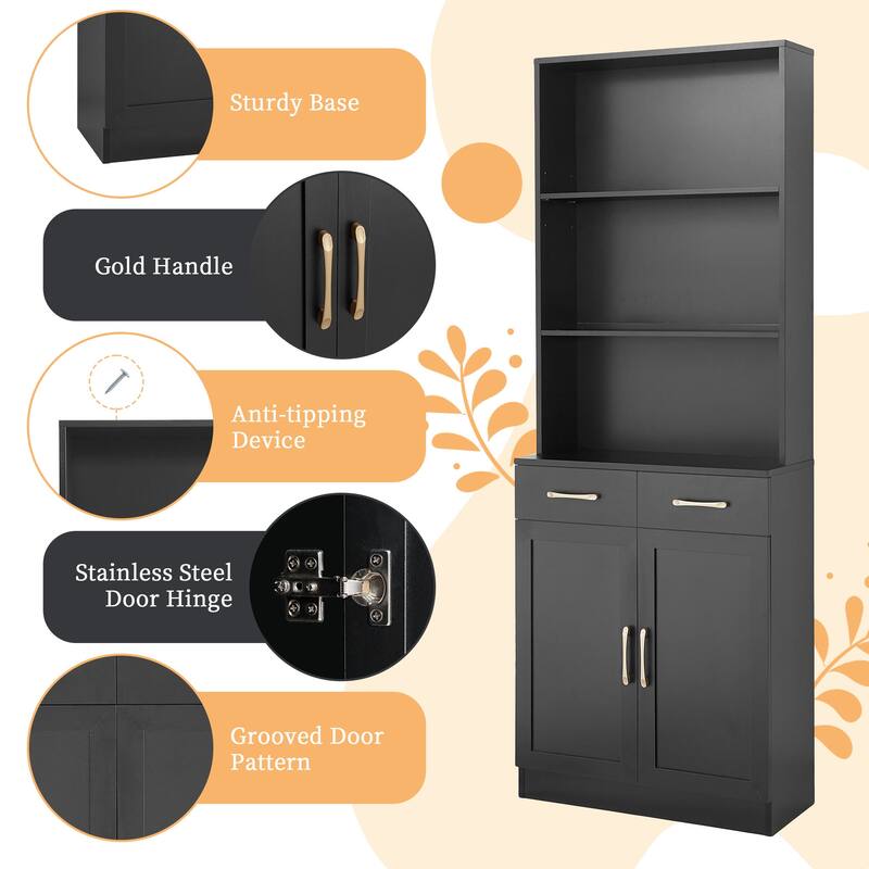 Storage Cabinet for Bathroom, 2 Doors Wooden Cabinet with 2 Drawers Three-layer Open Shelf, Bathroom Floor Cabinets