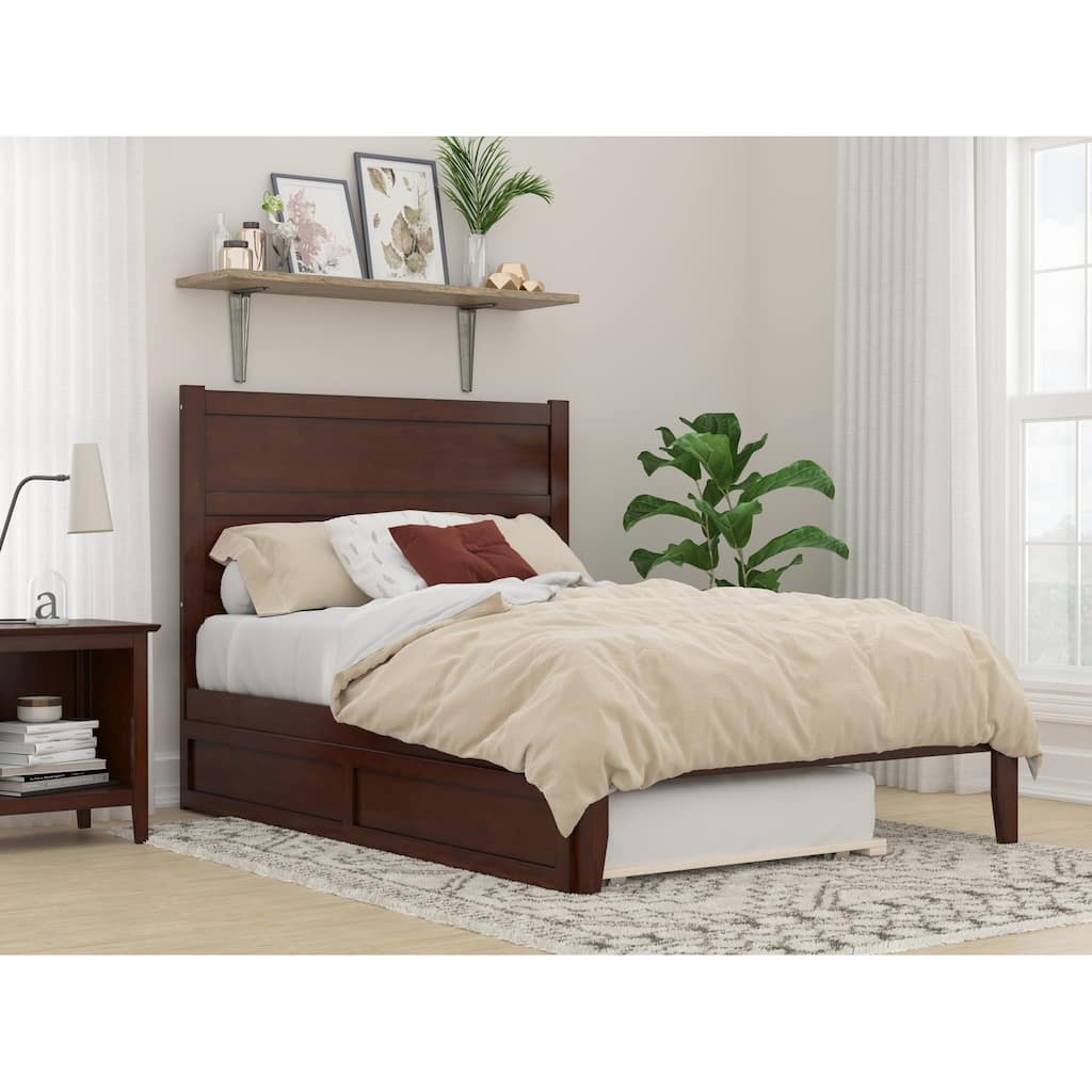 Full Size Bed With Trundle - Walnut Platform Bed Frame - Modern Romantic Style - HomeStock