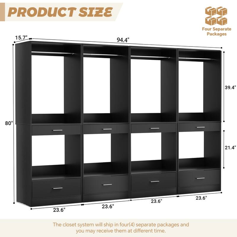 Qvella 23.6'' W Closet System with Hanging Rods and Wooden Drawers, Modular Walk-In Closet Organizer with Pants Rack