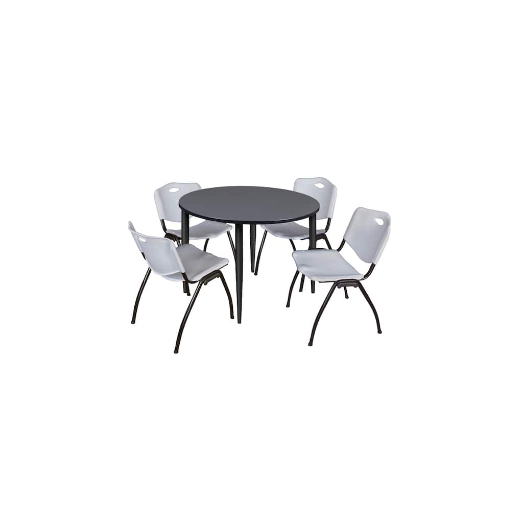 48 in. Round Breakroom Table- Grey Top, Black Base & 4 M Stack Chairs- Grey