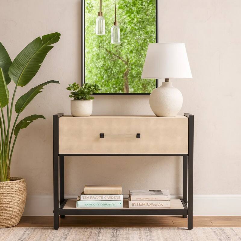 Caz Side Table, 1 Drawer, Black Frame, Faux Shagreen Leather, 26 Inch