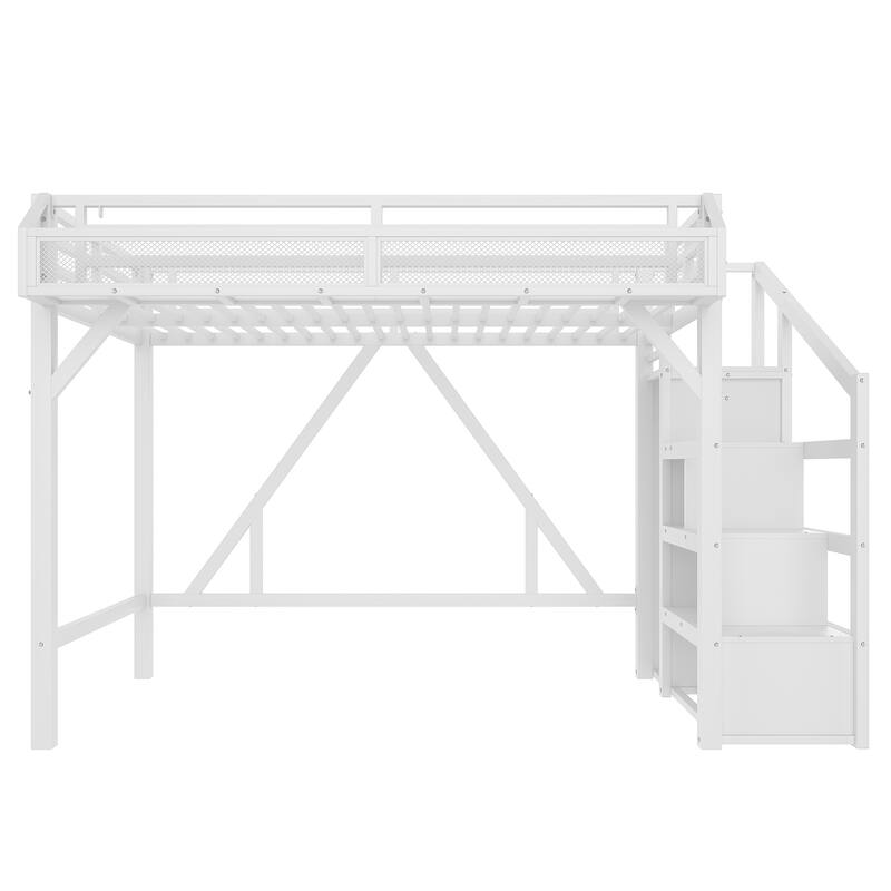 Twin XL Loft Bed with Storage Stairs, Shelves and Built-in Wardrobe, Metal Loft Bed Frame with USB Ports and LED Lights