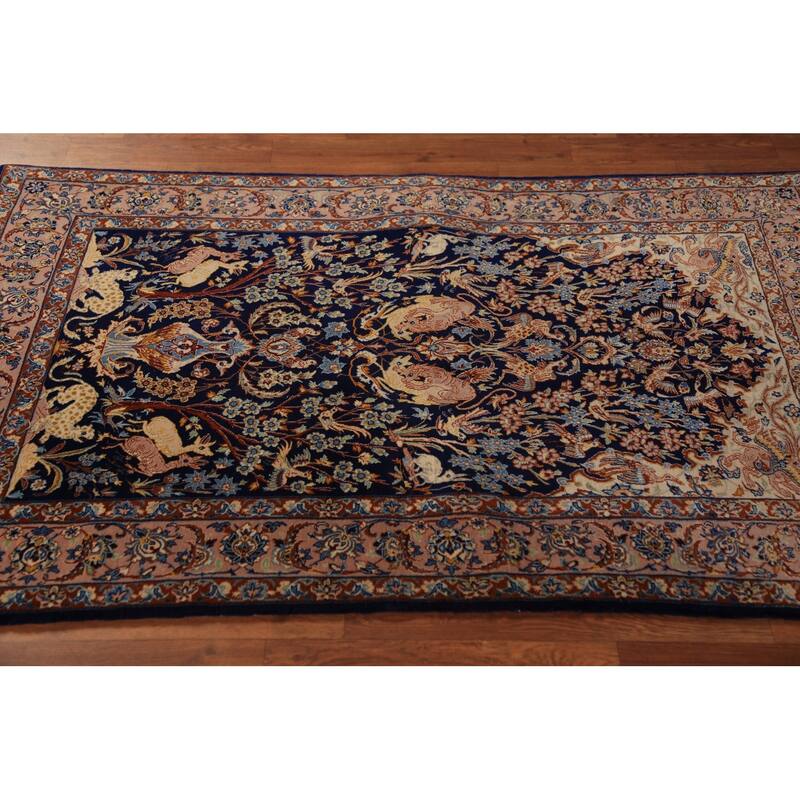 Vegetable Dye Blue Animals Isfahan Persian Vintage Wool Carpet - 3'4" x 5'3"