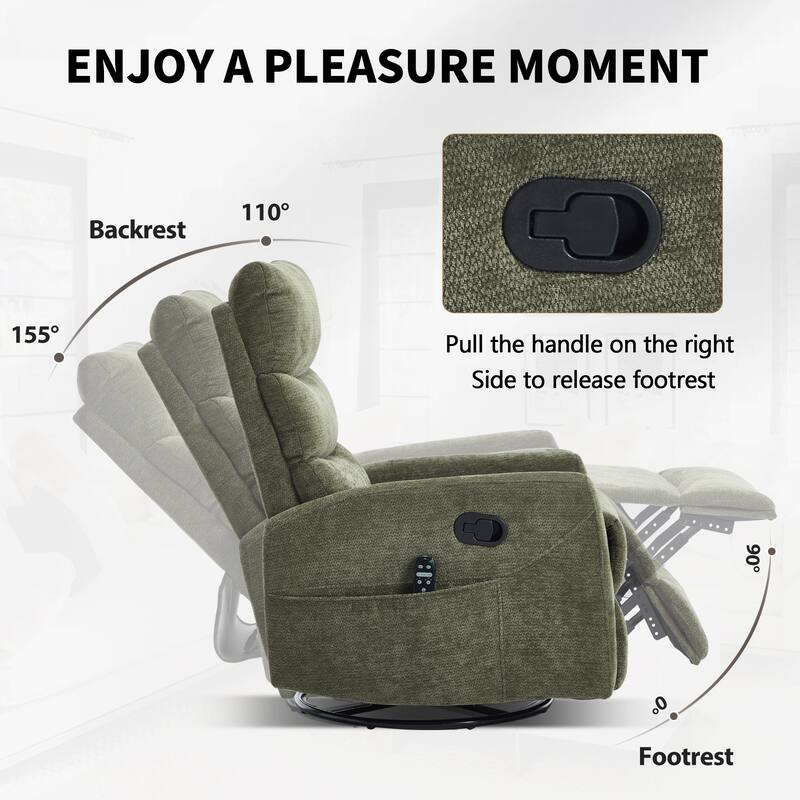 Roomfitters Manual Swivel Rocker Recliner Chair with Heat and Massage Fabric Glider Lounge Sofa for Living Room