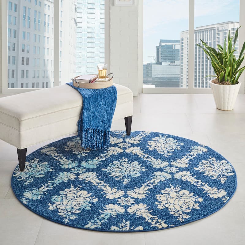Nourison Tranquil French Country Floral Damask Area Rug - 5'3" Round - Navy/Multi - Runner/Rectangle