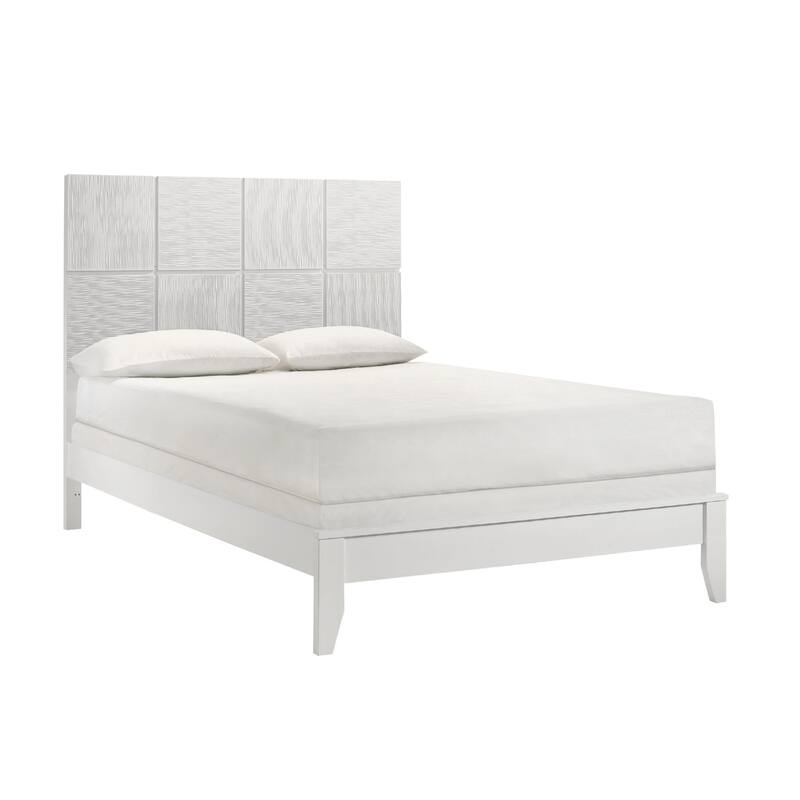 Deny Queen Size Bed w Grid Pattern Headboard, Tapered Front Legs, White