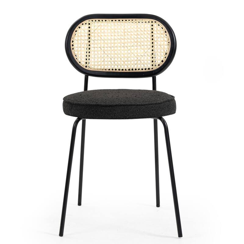 Set of 2 Azem Black Boucle Dining Chair with Rattan Backrest and Chrome Legs