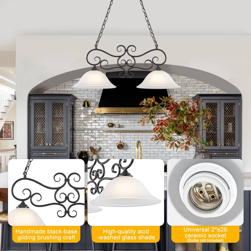 Matte Black 2-Light Linear Chandelier with Bell Glass Shades - Dia.32.28-in