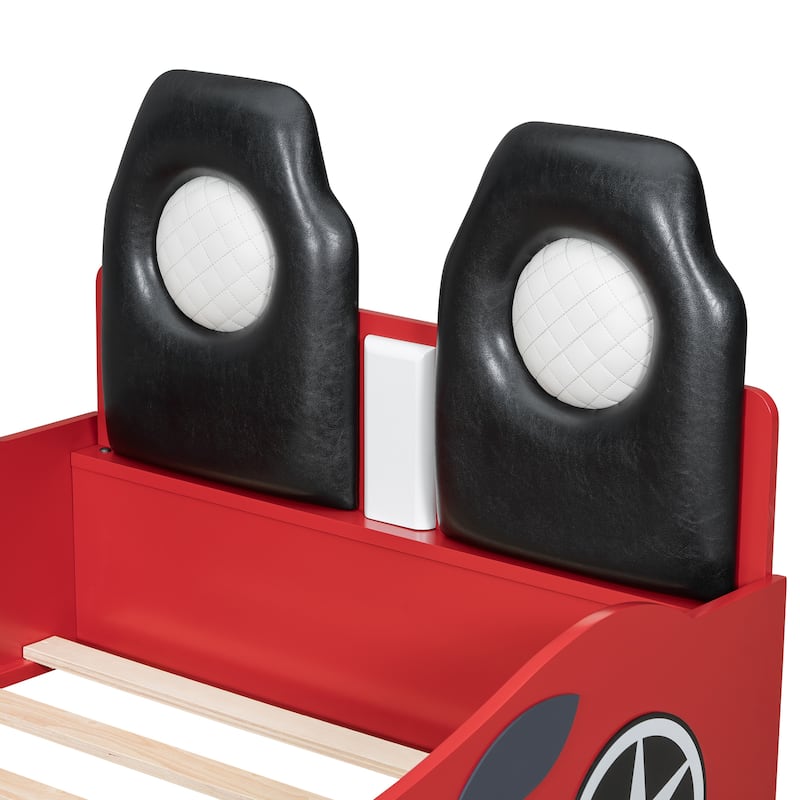 Twin Wood Race Car Bed with LED, Safety Rails & Seat Backrest
