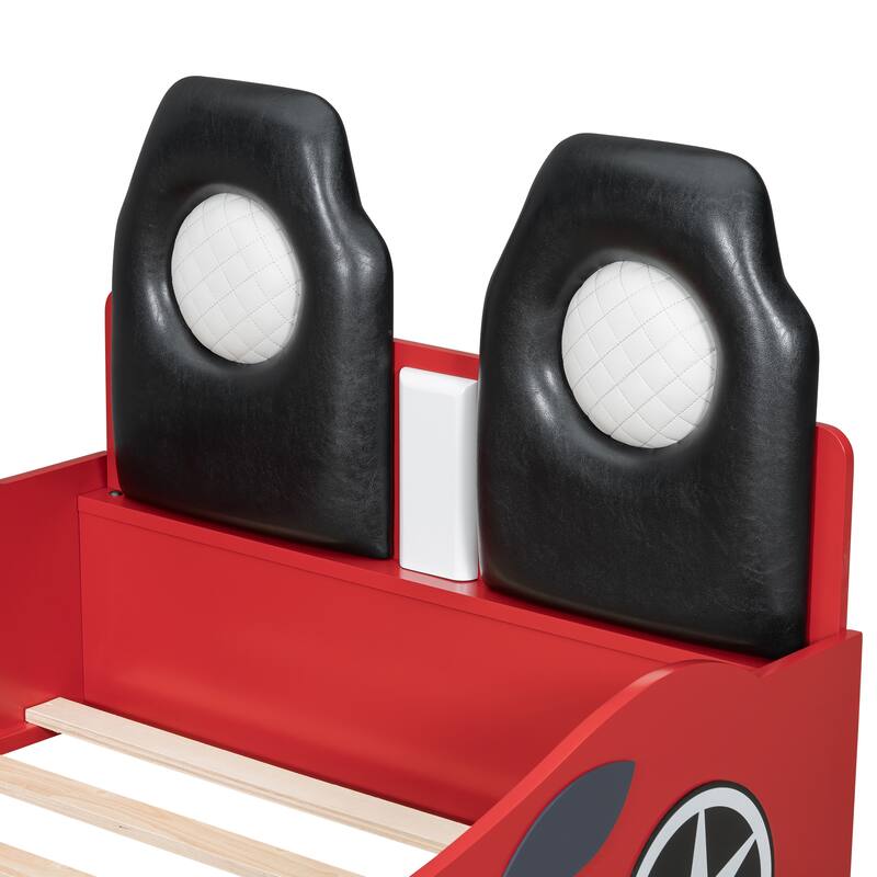 Wood Twin Size Race Car-Shaped Platform Bed With Led And Upholstered Backrest