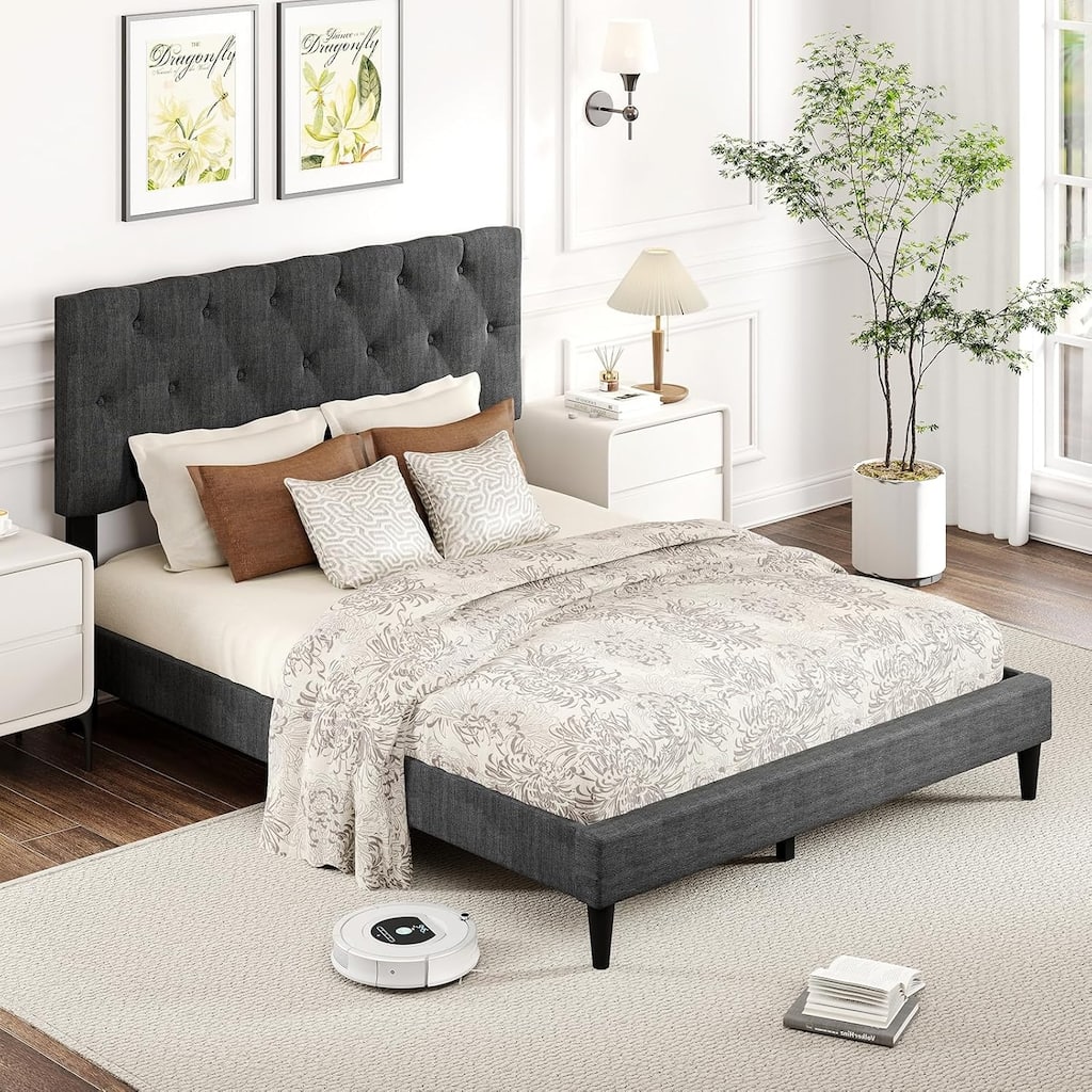 Upholstered Platform Bed w/Diamond Button Tufted Headboard