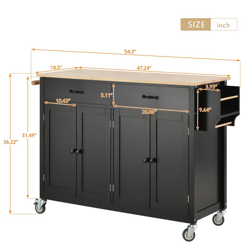Black Solid Wood Kitchen Island with Locking Wheels, Rolling Kitchen Cart, Closed Storage Kitchen Cabinet with Rack