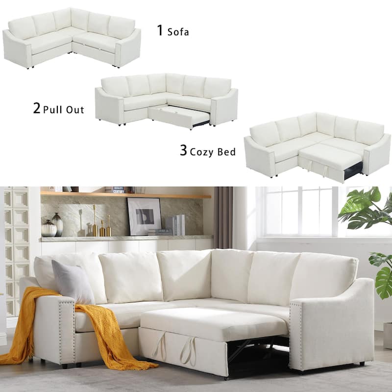 L-shaped Sleeper Sofa Bed in Beige Polyester, Multifunctional for Living Room & Office