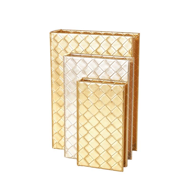 Faux Leather Geometric Metallic Textured Diamond Faux Book Storage Box - Set of 3 Gold - Roche River Decor