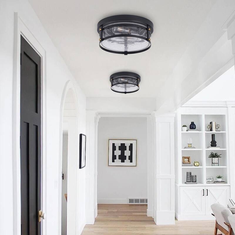 Farmhouse Matte Black 2-Light Seeded Glass Flush Mount Ceiling Lighting Fixture