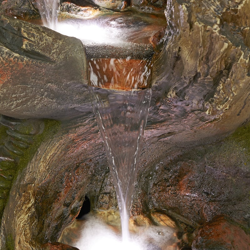 Cascading Rock and Tree Trunk Fountain with LED Lights