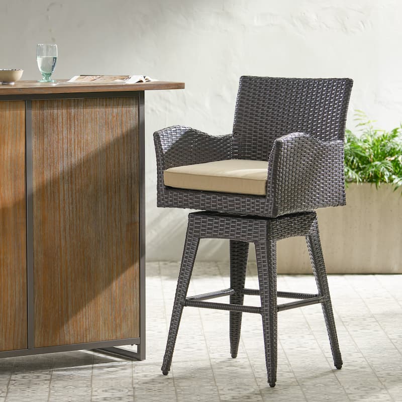 Fairfax Outdoor Wicker Swivel Armed Cushion Barstool by Christopher Knight Home