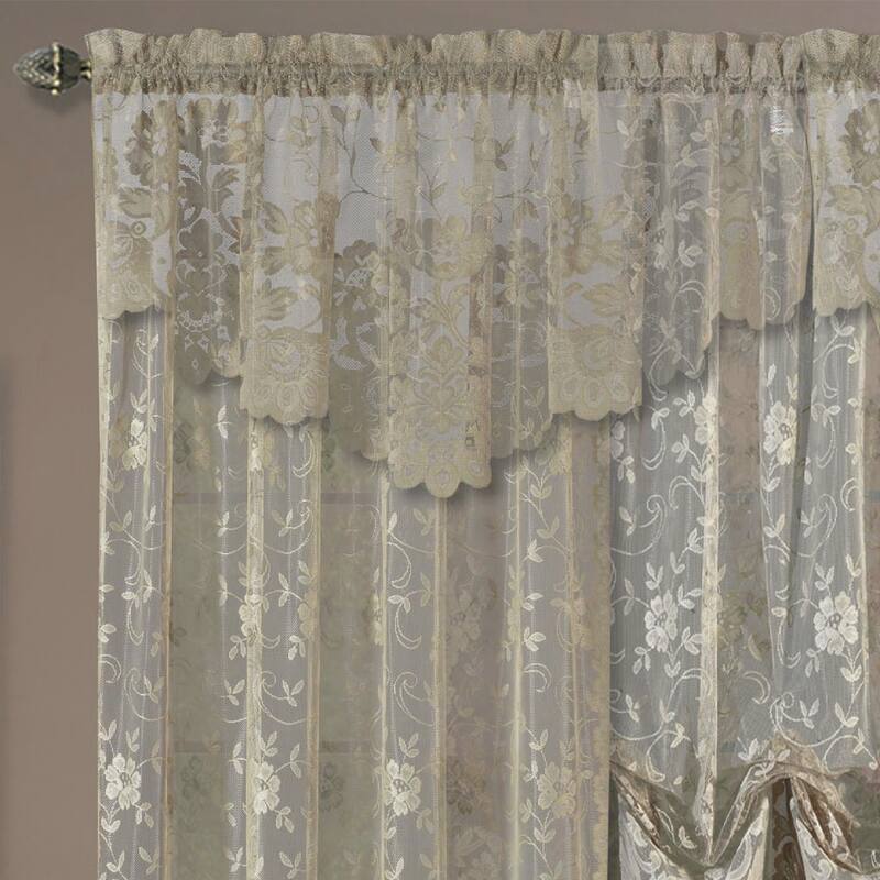 Grace Floral Lace Window Curtain Panels Or Valance - 36 Inches - Khaki