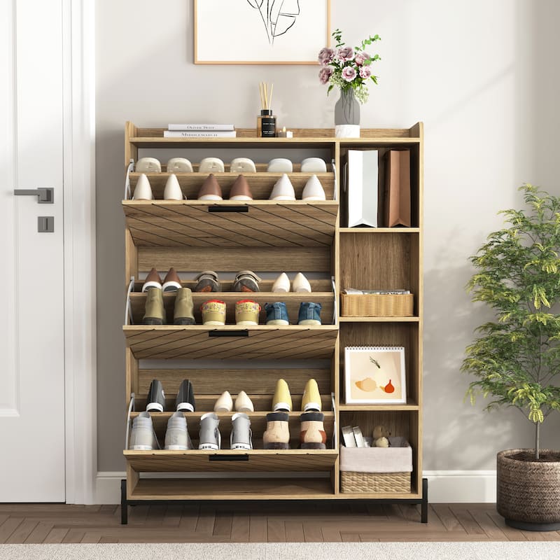 Open Shelves Shoe Cabinet with 3 Flip Drawers
