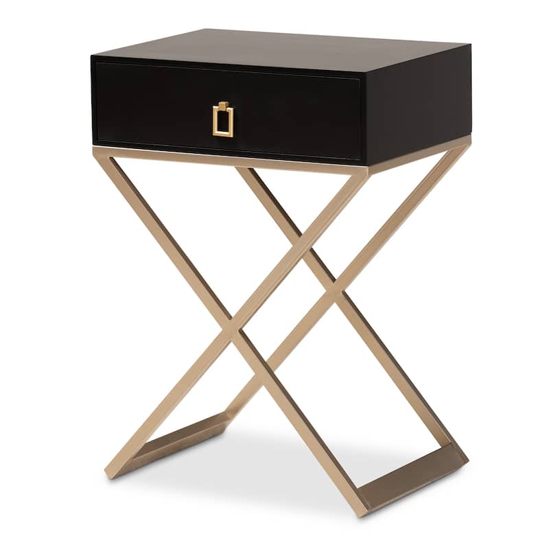 Modern Black Nightstand with Drawer - Wood & Metal Bedside Table, Contemporary Accent Furniture