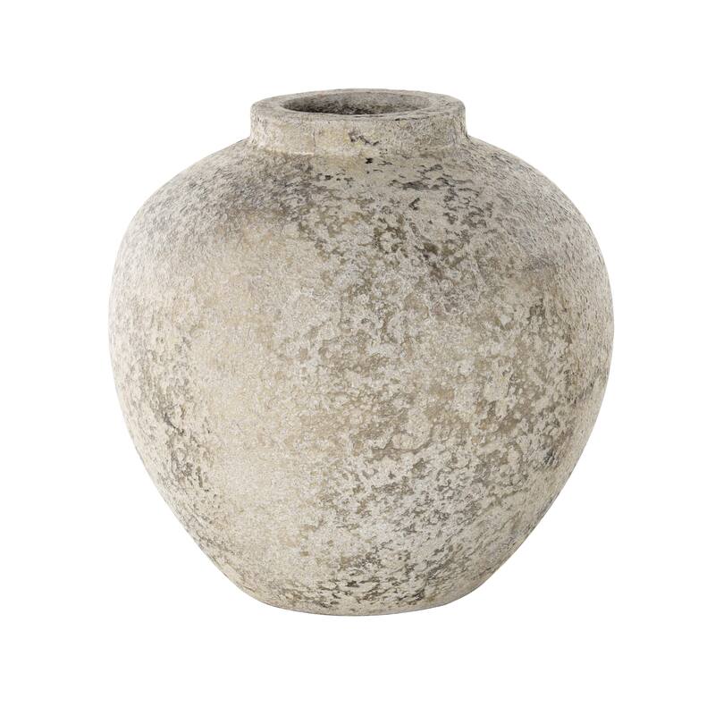 Ceramic Handmade Antique Style Round Decorative Vase with Textured Distressing - Cream - Roche River Decor - Cream