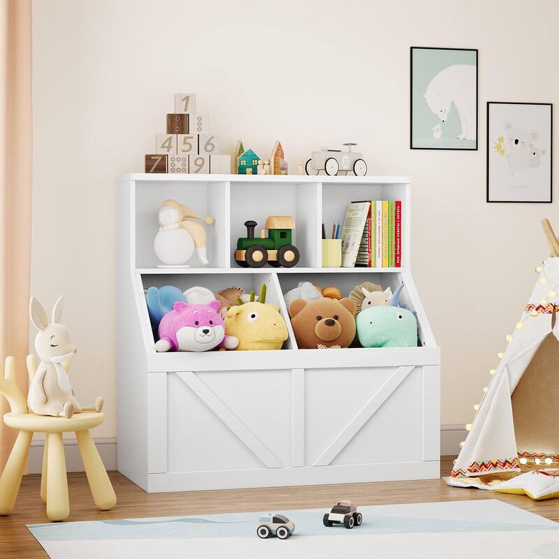 Kids Bookshelf and Toy Storage, Toy Storage Organizer with Storage Cabinet and Toy Shelf, Toddler Book Shelf - White
