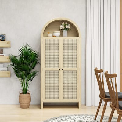 70.28" Tall Arched Kitchen Pantry, Arched Storage Display Cabinet with 2 Drawers & Adjustable Shelves