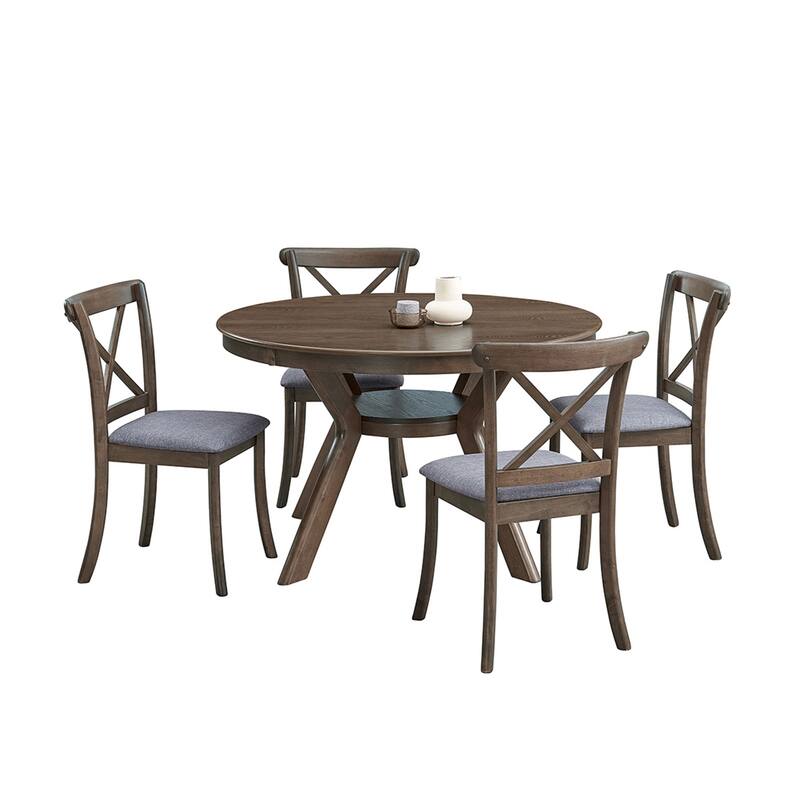 5 Pieces Set Mid-century Modern 47 in Round Rubber Wood Dining Table with Pedestal Base for 4-6 People