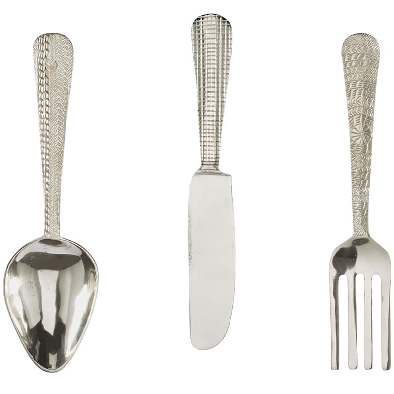 Silver Aluminum Metal Knife, Spoon and Fork Utensils Wall Decor (Set of 3)