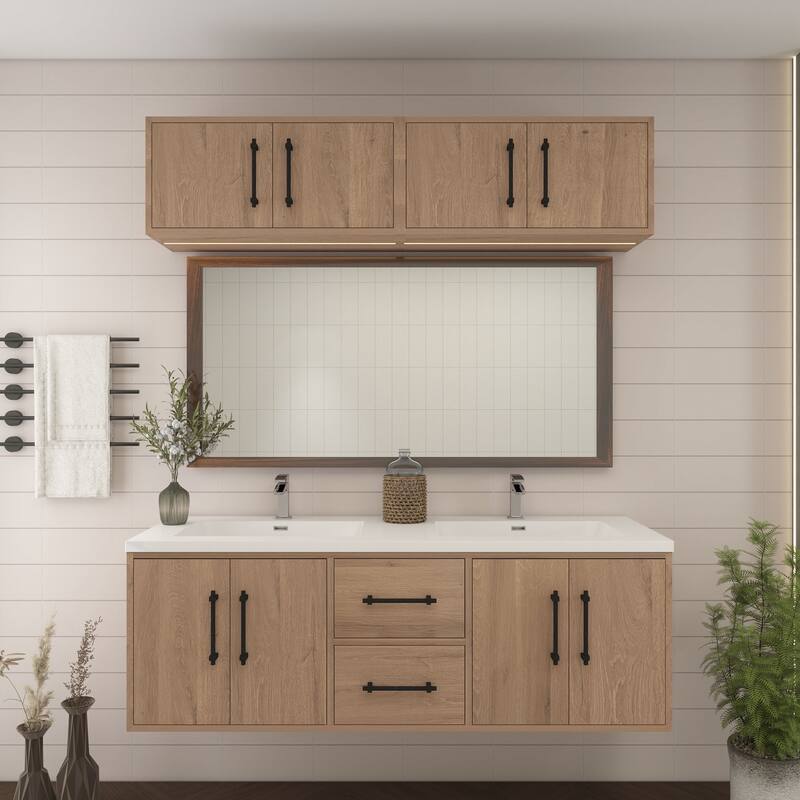 Victoria 60'' Wall-Mounted Double Sink Vanity Set with LED light Top Cabinet - 58.9 - Matte - Red Oak