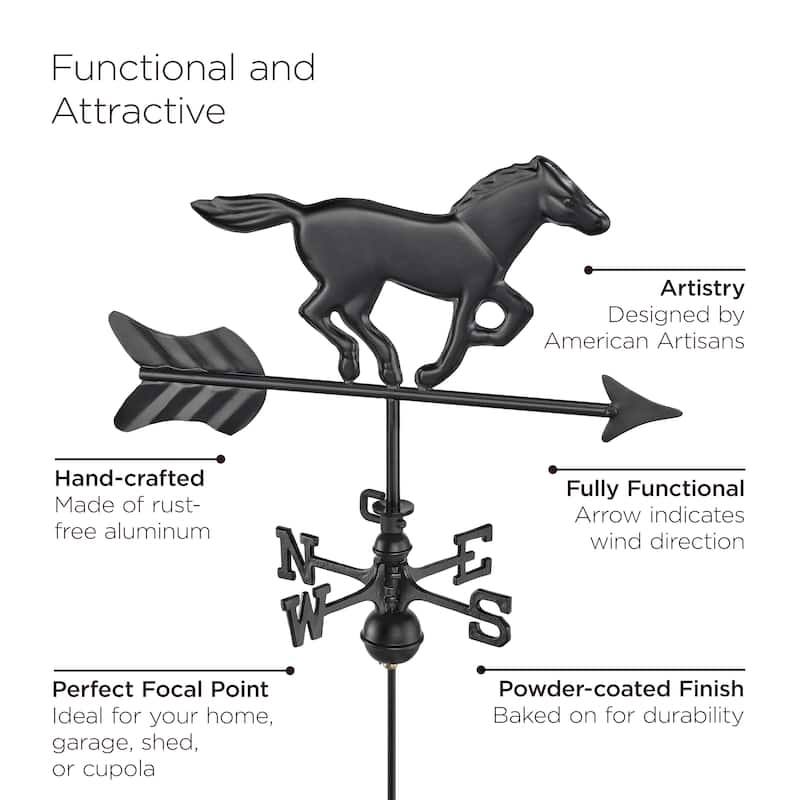 Modern Farmhouse-Inspired Horse Cottage / Shed Size Weathervane 801KR w/Roof Mount - Black Finish by Good Directions