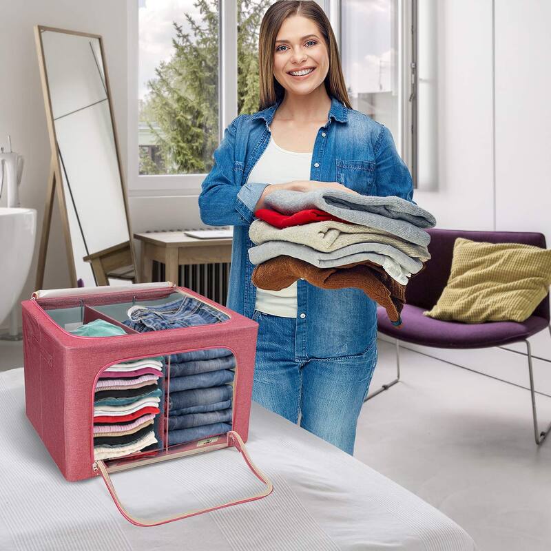 Foldable Storage Bag Breathable Bamboo Fabric Dustproof Organizer Box Charcoal - (2 Section - Beige)