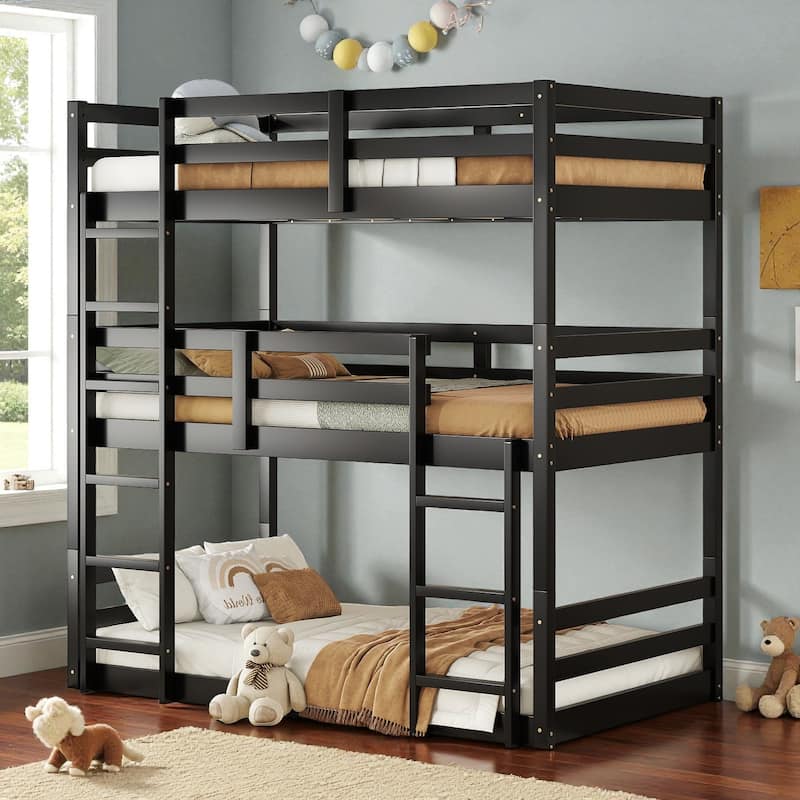Twin Over Twin Over Twin Rubber Wood Triple Bunk Bed with Guardrails and Two Built-in Ladders, Detachable 3-Tier Bed Frame