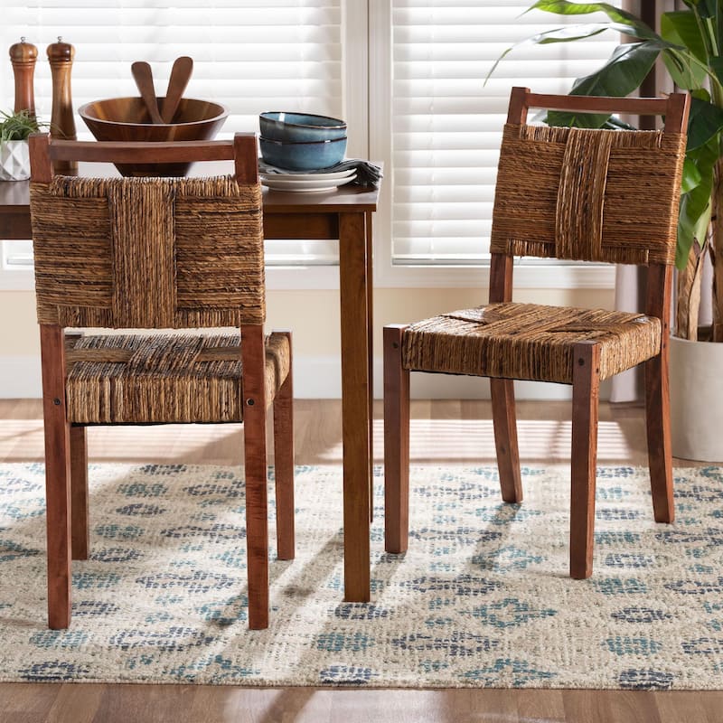 Chabela Handwoven Seagrass Dining Chair Set of 2- Solid Mango Wood Frame with Woven Seat and Backrest, Brown