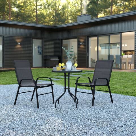 3 Piece Outdoor Patio Dining Set - 23.75" Round Tempered Glass Patio Table