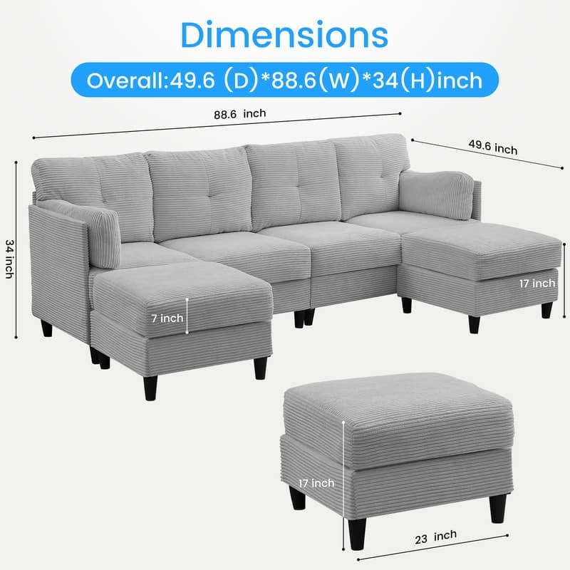 Mixoy W89inch U-Shaped Corduroy Sectional Sofa with Reversible Ottoman,Upholstered 4-Seater Sofa