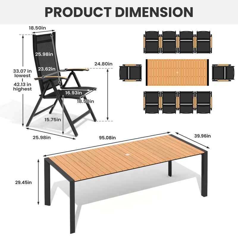 7/9/11-Piece Outdoor Dining Set Patio Aluminum Dining Table and Adjustable Folding Chairs