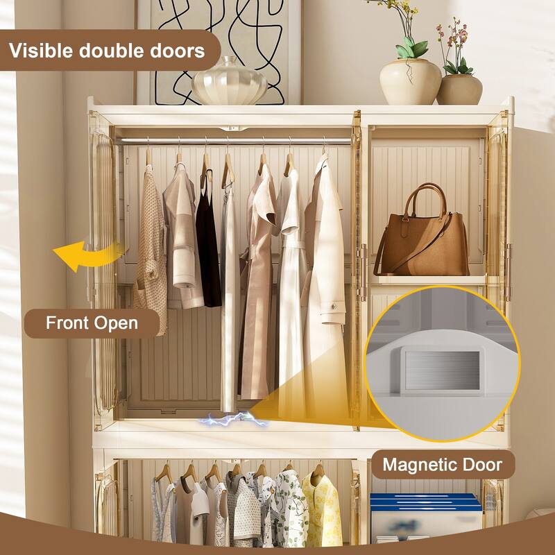 Portable Kids Wardrobe Closet with 6 Magnetic Doors, 6 Cubes, 2 Hanging Rods, 6 Hangers & Wheels, Plastic Clothes Organizer