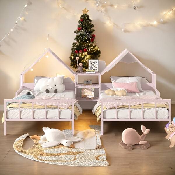 slide 2 of 9, Twin Size Metal Double Platform Bed with Built-in Nightstand