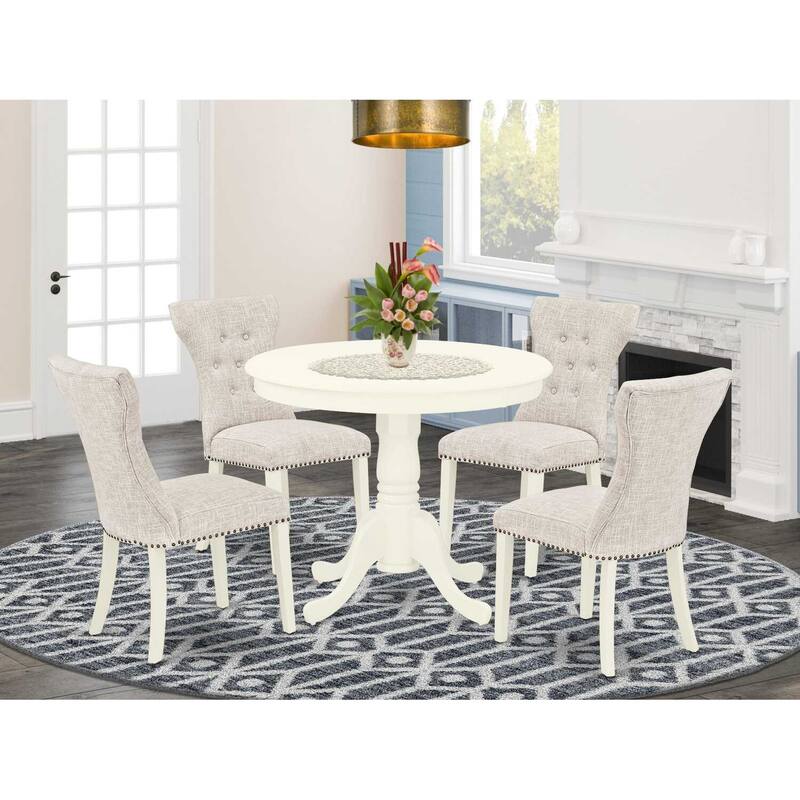 HomeStock 5-Piece Round Linen White Finish Solid Wood Top Dining Table with 4 Parson Chair with Lattice Back