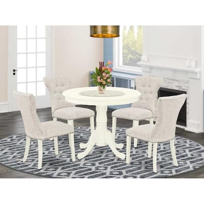HomeStock 5-Piece Round Linen White Finish Solid Wood Top Dining Table with 4 Parson Chair with Lattice Back