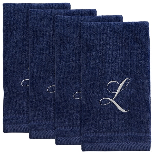 Monogrammed Navy Blue Towels Fingertip Embroidered with Initials - L